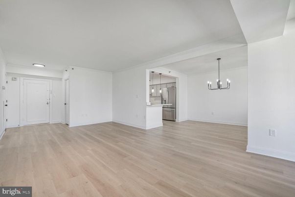 Empty room, Interior, Kitchen, Pendant Lights, Stainless Steel Appliances, Wood Texture Flooring