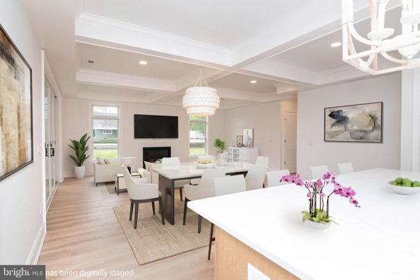 Chandelier, Dining room, Fireplace, Interior, Living room, Recessed Lighting, Wood Texture Flooring
