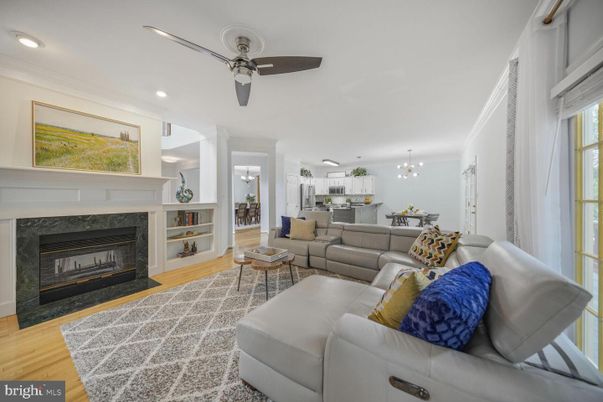 Dining room, Fireplace, Interior, Kitchen, Living room, Recessed Lighting, Wood Texture Flooring
