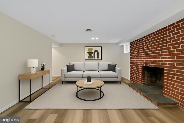 Fireplace, Interior, Living room, Recessed Lighting, Stone Walls, Wood Texture Flooring