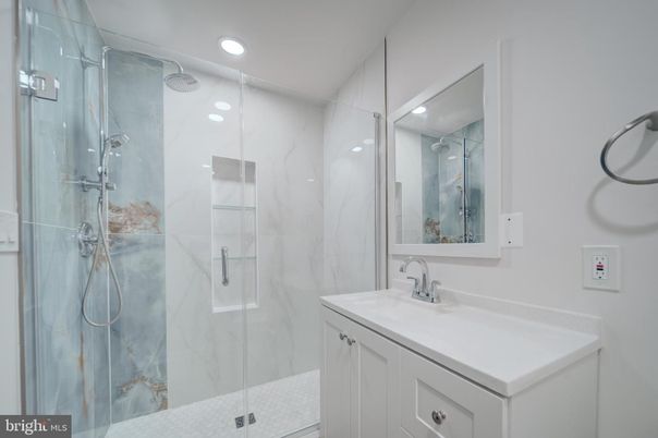 Bathroom, Glass Shower, Interior, Marble Walls, Recessed Lighting