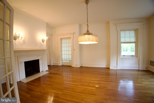 Empty room, Fireplace, Interior, Pendant Lights, Wood Texture Flooring