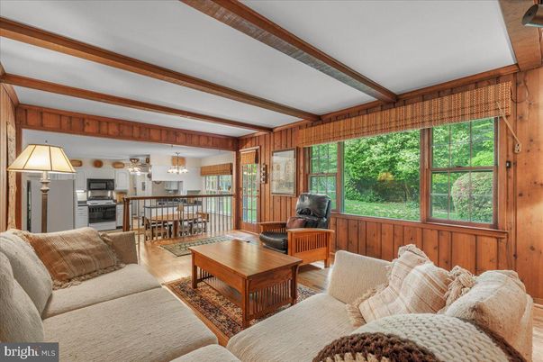 Chandelier, Dining room, Interior, Living room, Wooden Beams, Wood Texture Flooring, Wooden Walls
