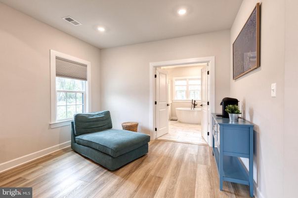 Bathroom, Free Standing Baths, Interior, Recessed Lighting, Wood Texture Flooring