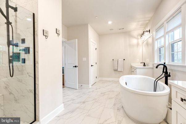 Bathroom, Free Standing Baths, Glass Shower, Interior, Marble, Marble Walls, Recessed Lighting