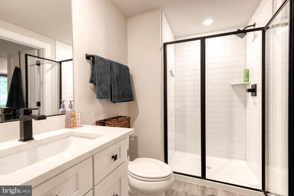 Bathroom, Glass Shower, Interior, Recessed Lighting, Wood Texture Flooring