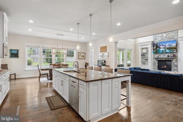 Dining room, Fireplace, Interior, Kitchen, Living room, Pendant Lights, Recessed Lighting, Wood Texture Flooring
