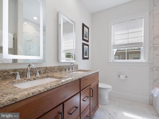 Bathroom, Dual Sink Vanities, Interior, Marble, Recessed Lighting