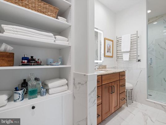 Bathroom, Glass Shower, Interior, Marble, Marble Walls, Recessed Lighting
