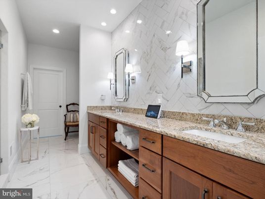 Bathroom, Dual Sink Vanities, Interior, Marble, Recessed Lighting