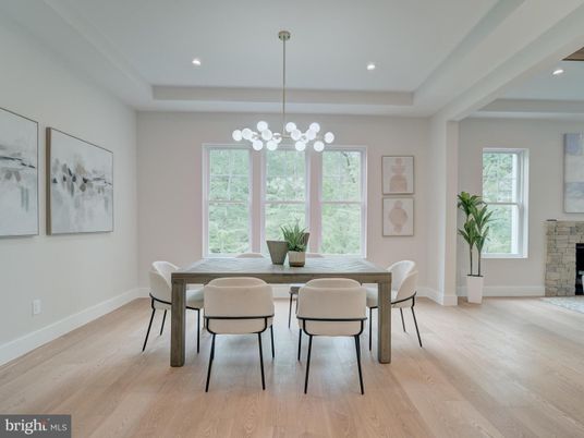 Dining room, Fireplace, Interior, Pendant Lights, Recessed Lighting, Wood Texture Flooring
