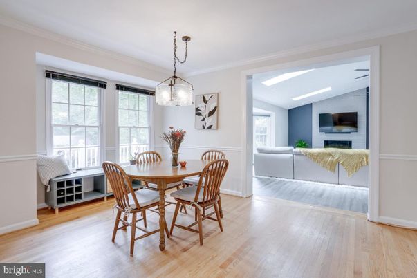 Dining room, Fireplace, Interior, Pendant Lights, Wood Texture Flooring