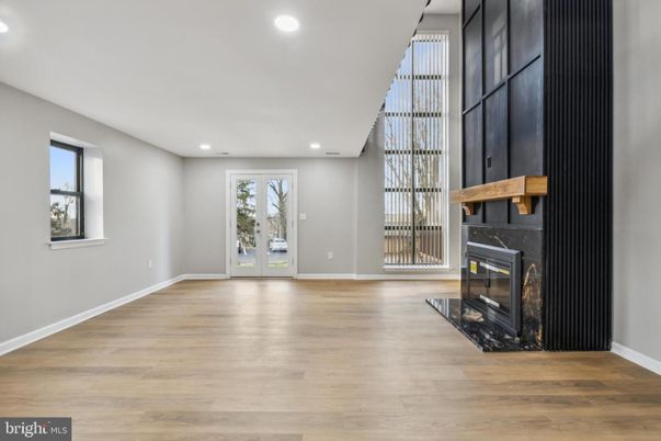 Empty room, Fireplace, Interior, Recessed Lighting, Wood Texture Flooring