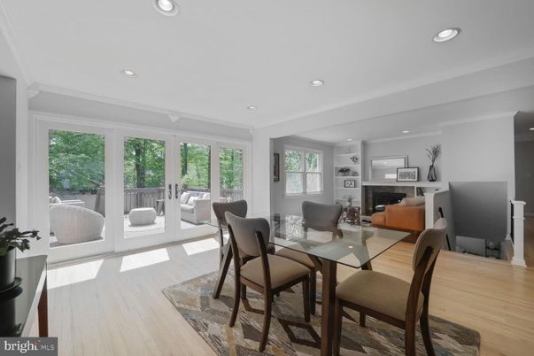 Dining room, Fireplace, Interior, Living room, Recessed Lighting, Wood Texture Flooring
