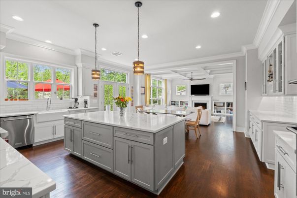 Fireplace, Interior, Kitchen, Pendant Lights, Recessed Lighting, Stainless Steel Appliances, Wood Texture Flooring