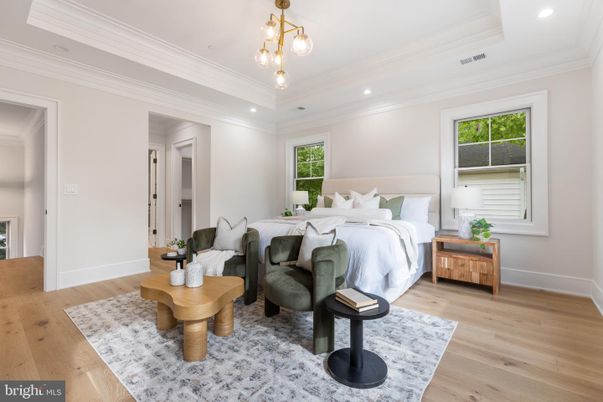 Bedroom, Interior, Pendant Lights, Recessed Lighting, Wood Texture Flooring