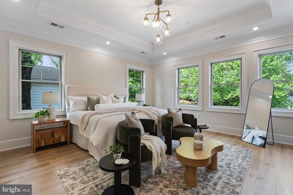 Bedroom, Interior, Pendant Lights, Recessed Lighting, Wood Texture Flooring