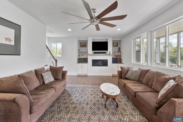 Fireplace, Interior, Living room, Recessed Lighting, Wood Texture Flooring