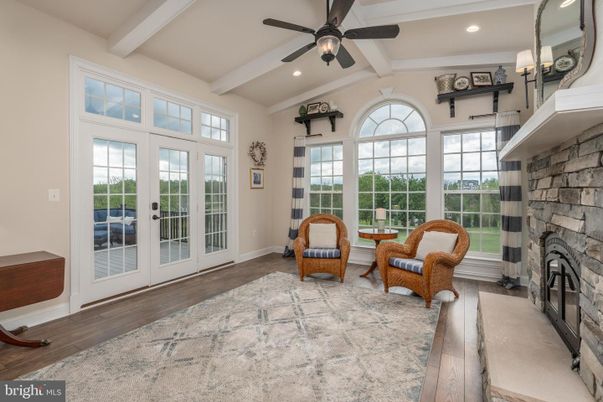 Fireplace, Interior, Recessed Lighting, Stone Walls, Wood Texture Flooring