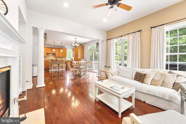 Dining room, Fireplace, Interior, Kitchen, Living room, Pendant Lights, Recessed Lighting, Wood Texture Flooring