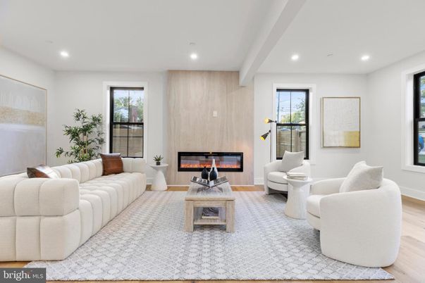Fireplace, Interior, Living room, Recessed Lighting, Wood Texture Flooring