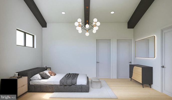 Bedroom, Interior, Pendant Lights, Recessed Lighting, Wooden Beams, Wood Texture Flooring