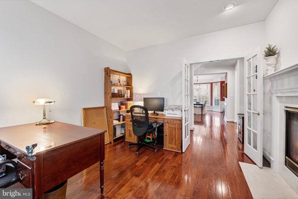 Fireplace, Home Office, Interior, Recessed Lighting, Wood Texture Flooring