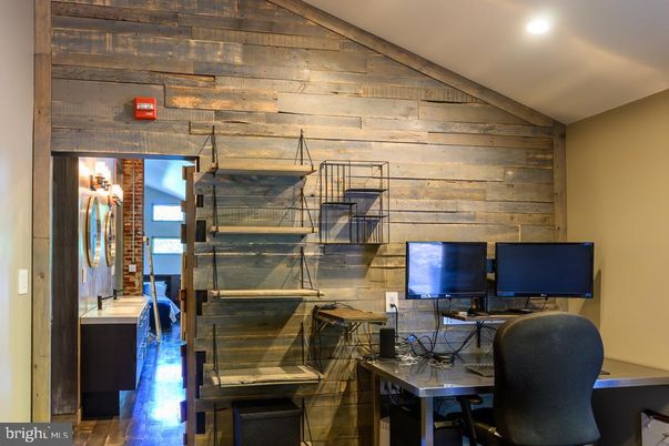 Home Office, Interior, Recessed Lighting, Wood Texture Flooring, Wooden Walls