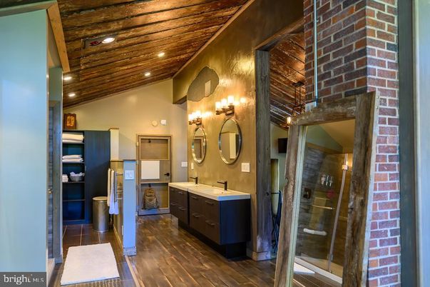 Bathroom, Interior, Recessed Lighting, Stone Walls, Wooden Ceilings, Wood Texture Flooring