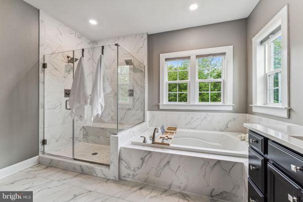 Bathroom, Glass Shower, Interior, Marble, Marble Walls, Recessed Lighting