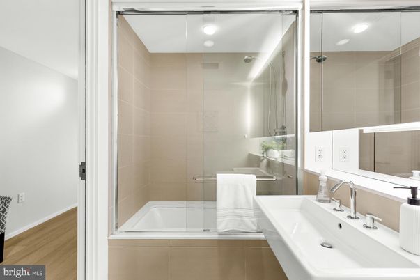 Bathroom, Glass Shower, Interior, Wood Texture Flooring