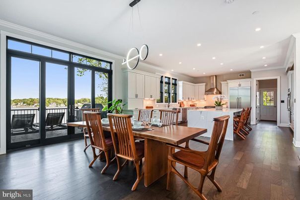 Dining room, Interior, Kitchen, Pendant Lights, Recessed Lighting, Wood Texture Flooring