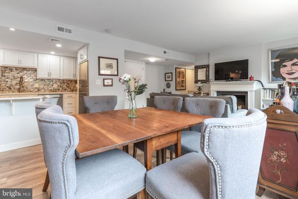 Dining room, Fireplace, Interior, Kitchen, Living room, Recessed Lighting, Wood Texture Flooring
