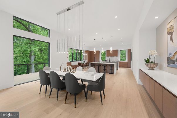Dining room, Interior, Kitchen, Pendant Lights, Recessed Lighting, Wood Texture Flooring