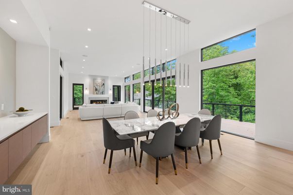 Dining room, Fireplace, Interior, Living room, Pendant Lights, Recessed Lighting, Wood Texture Flooring