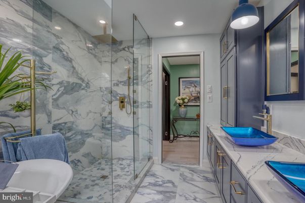 Bathroom, Glass Shower, Interior, Marble, Marble Walls, Recessed Lighting