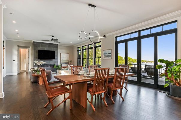 Dining room, Interior, Pendant Lights, Recessed Lighting, Wood Texture Flooring