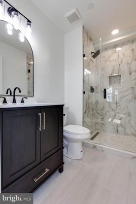 Bathroom, Glass Shower, Interior, Marble Walls, Recessed Lighting