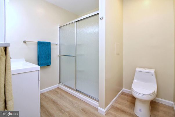 Bathroom, Glass Shower, Interior, Wood Texture Flooring