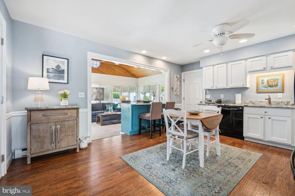 Dining room, Interior, Kitchen, Living room, Recessed Lighting, Wooden Ceilings, Wood Texture Flooring