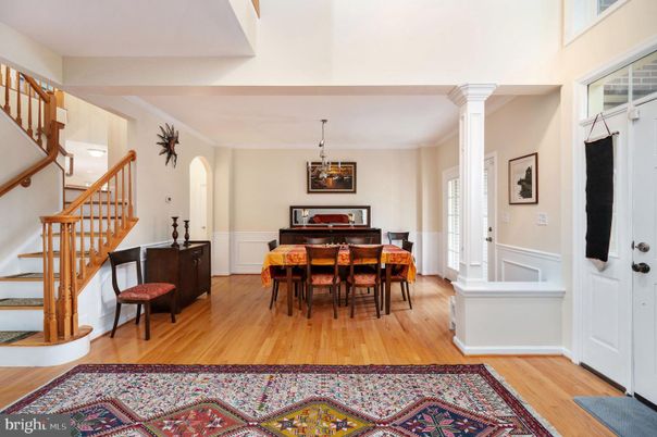 Dining room, Interior, Pendant Lights, Piano, Wood Texture Flooring