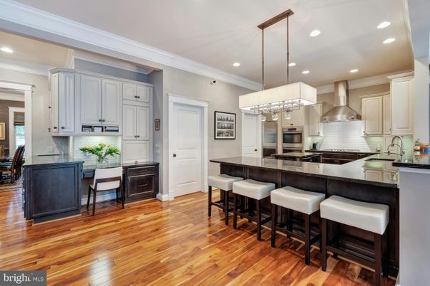 Chandelier, Interior, Kitchen, Pendant Lights, Recessed Lighting, Stainless Steel Appliances, Wood Texture Flooring