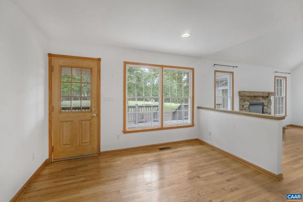 Empty room, Fireplace, Interior, Recessed Lighting, Wood Texture Flooring