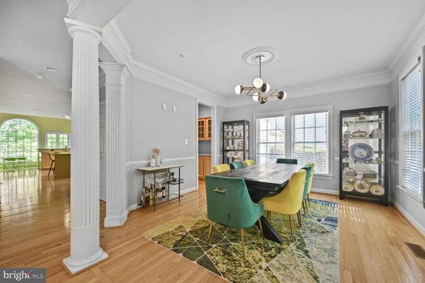 Dining room, Interior, Pendant Lights, Wood Texture Flooring