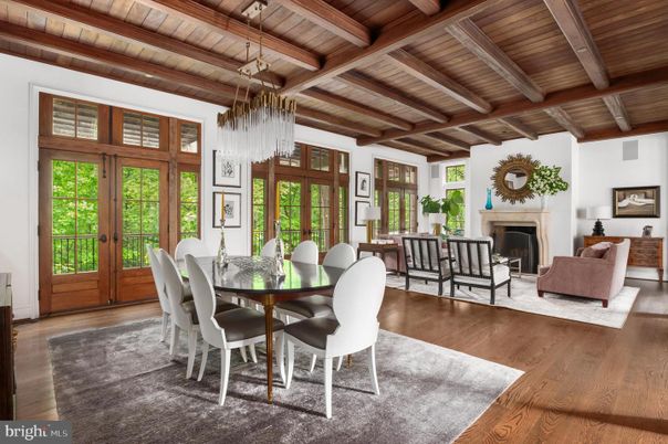 Chandelier, Dining room, Fireplace, Interior, Living room, Wooden Beams, Wooden Ceilings, Wood Texture Flooring