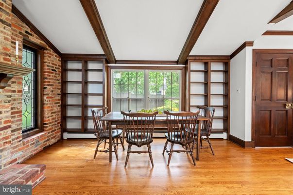 Dining room, Interior, Stone Walls, Wooden Beams, Wood Texture Flooring