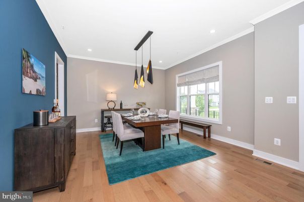 Dining room, Interior, Pendant Lights, Recessed Lighting, Wood Texture Flooring