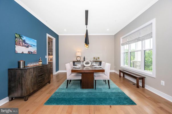 Dining room, Interior, Pendant Lights, Recessed Lighting, Wood Texture Flooring