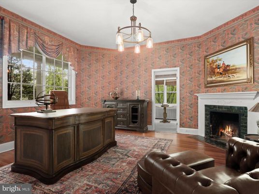 Fireplace, Home Office, Interior, Pendant Lights, Wood Texture Flooring
