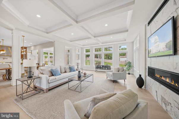 Dining room, Fireplace, Interior, Living room, Pendant Lights, Recessed Lighting, Wood Texture Flooring